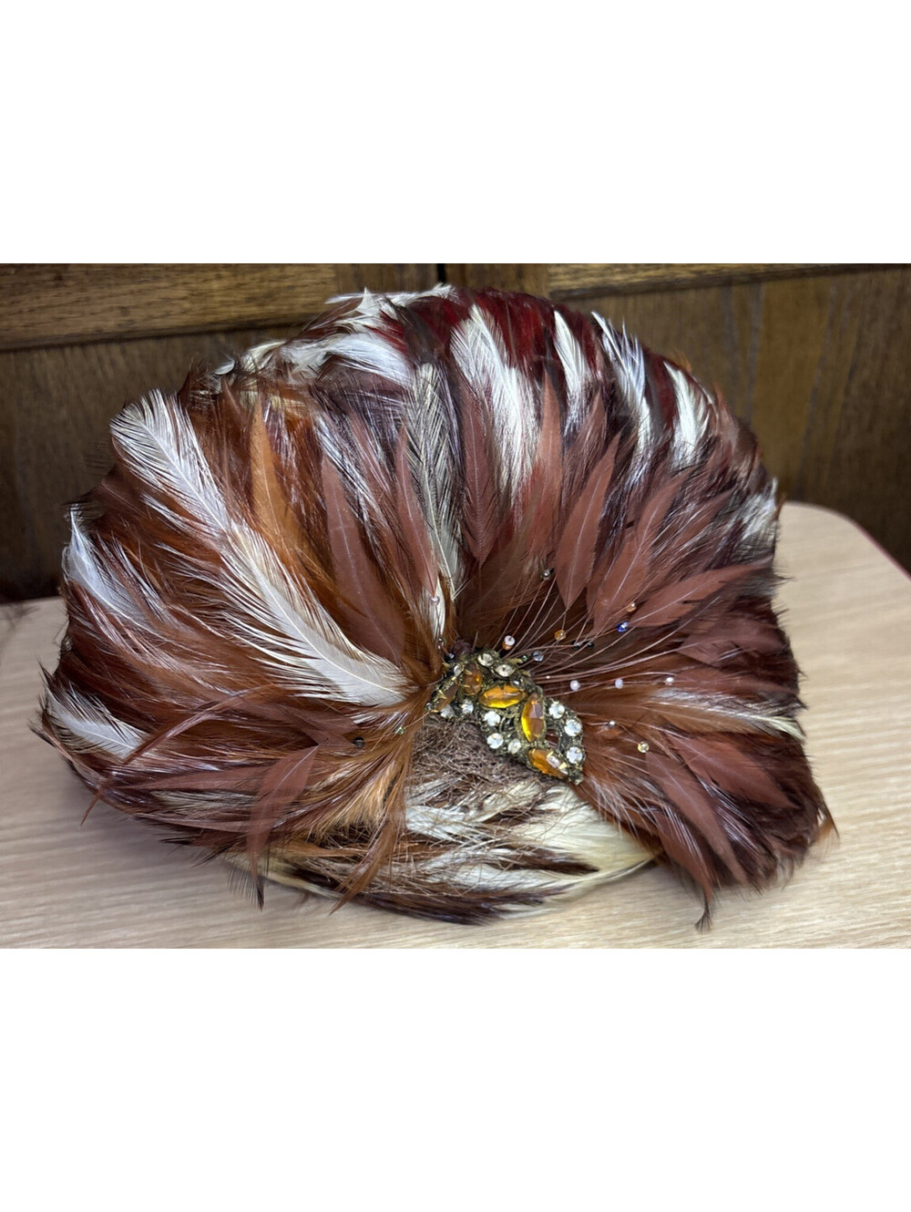 Vintage Feather Brown, White w/Netting Pillbox Cocktail Hat